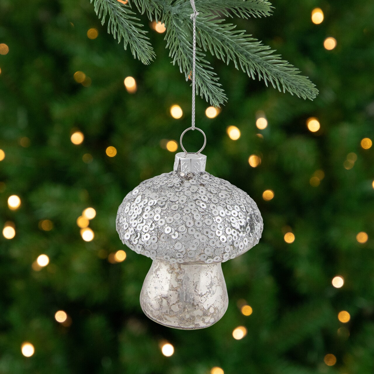 Northlight Sequined Mercury Glass Mushroom Christmas Ornament - 3.5" - Silver Finish